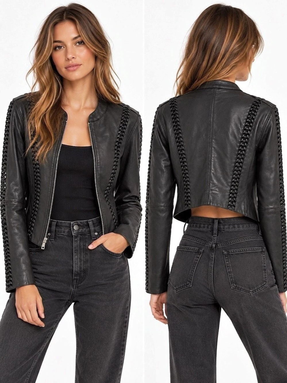Vintage Y2K Bebe Genuine Leather Braided Jacket Black M
